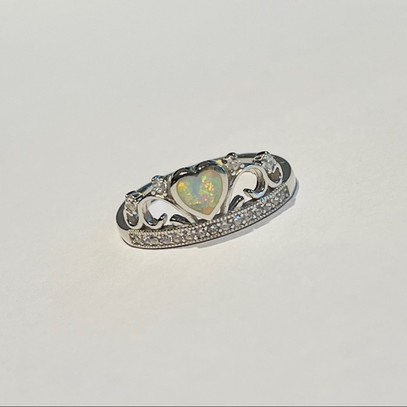 Sterling Silver White Lab Opal Heart with CZ Crown Ring, Silver Hearts Jewelry - Picture 12 of 12